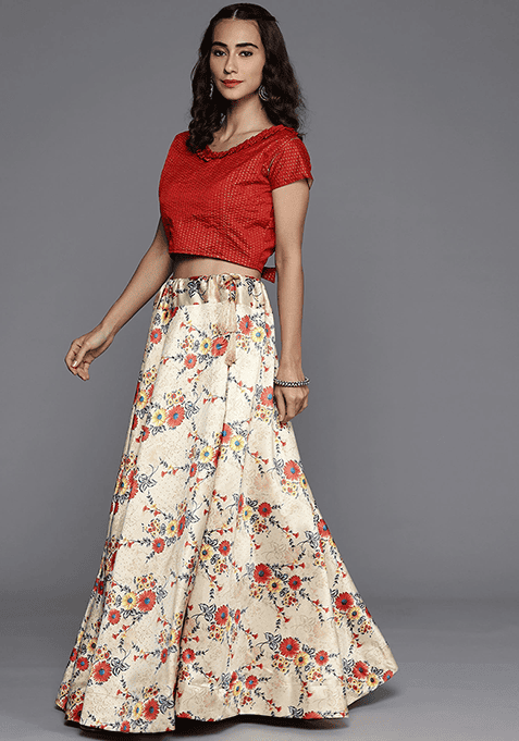 Beige Printed Silk Lehenga Set