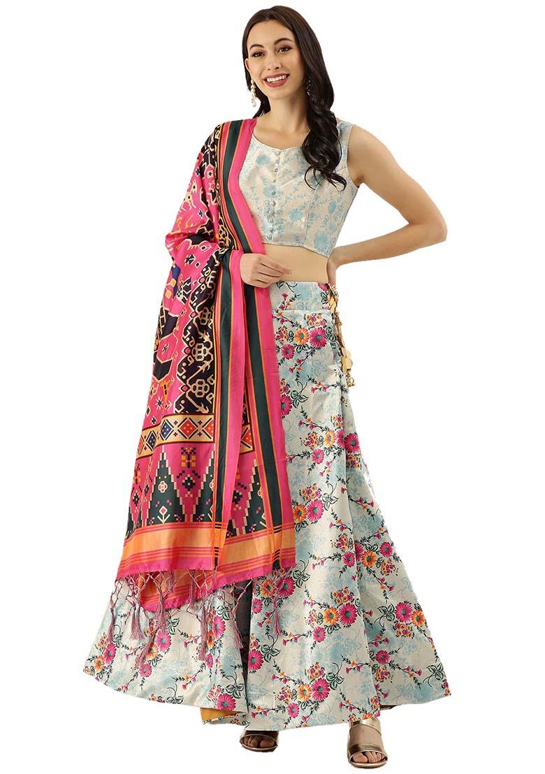 Light Blue Printed Silk Lehenga Set