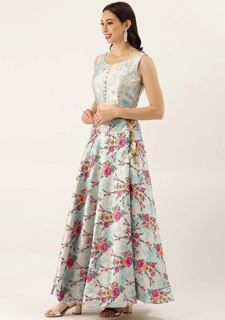 Light Blue Printed Silk Lehenga Set