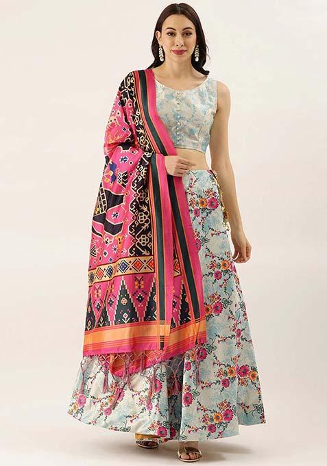 Light Blue Printed Silk Lehenga Set