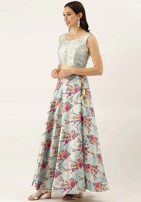 Light Blue Printed Silk Lehenga Set