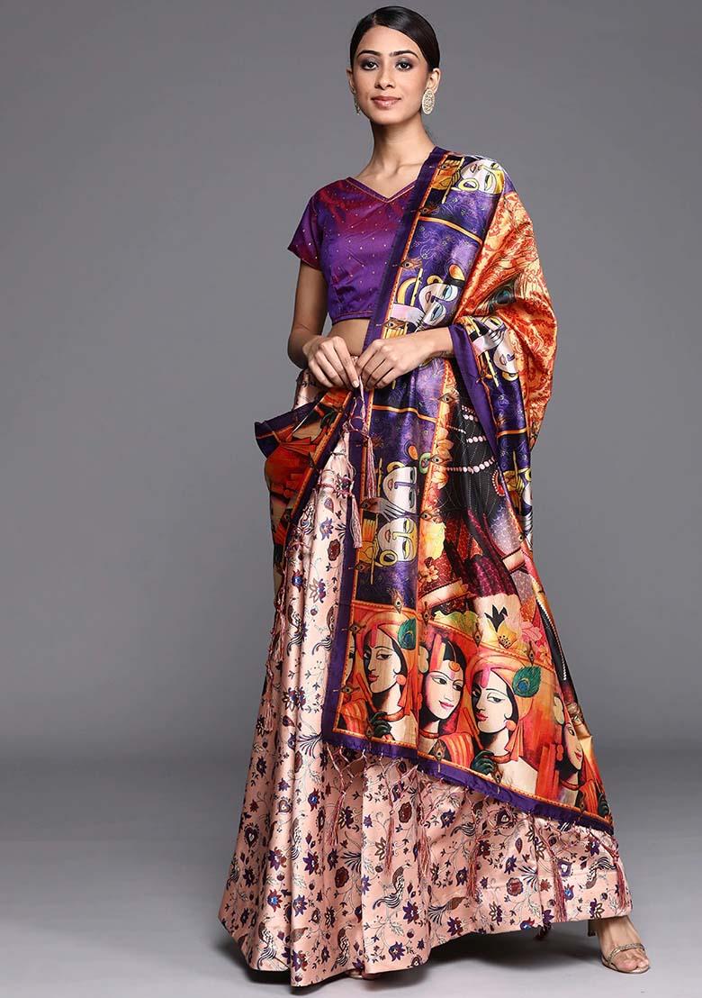 Beige Printed Silk Lehenga Set - Indya
