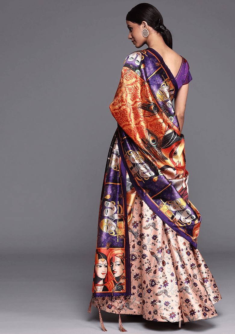 Beige Printed Silk Lehenga Set - Indya