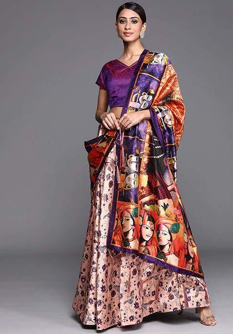 Beige Printed Silk Lehenga Set