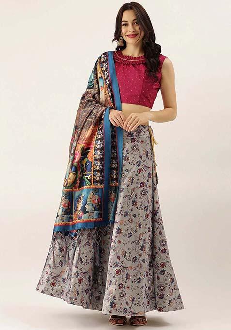 Grey Printed Silk Lehenga Set