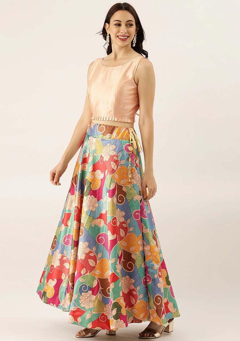 Multicolor Printed Silk Lehenga Set