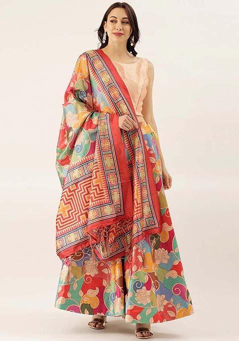 Multicolor Printed Silk Lehenga Set