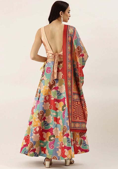 Multicolor Printed Silk Lehenga Set