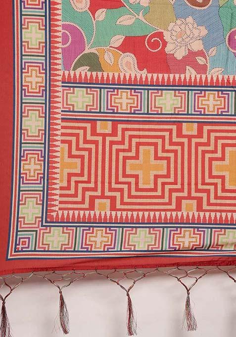 Multicolor Printed Silk Lehenga Set