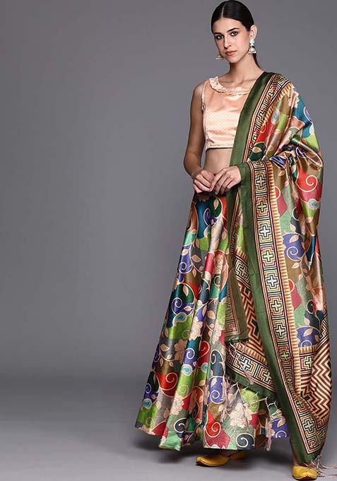 Multicolor Printed Silk Lehenga Set