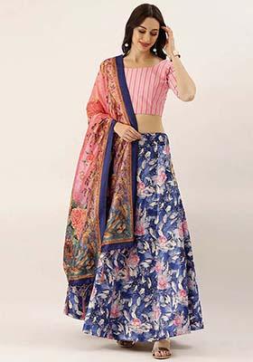 Dark Blue Printed Silk Lehenga Set