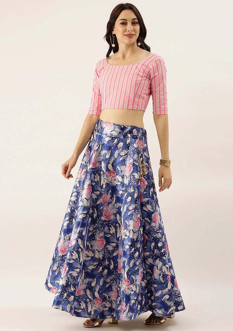 Dark Blue Printed Silk Lehenga Set - Indya