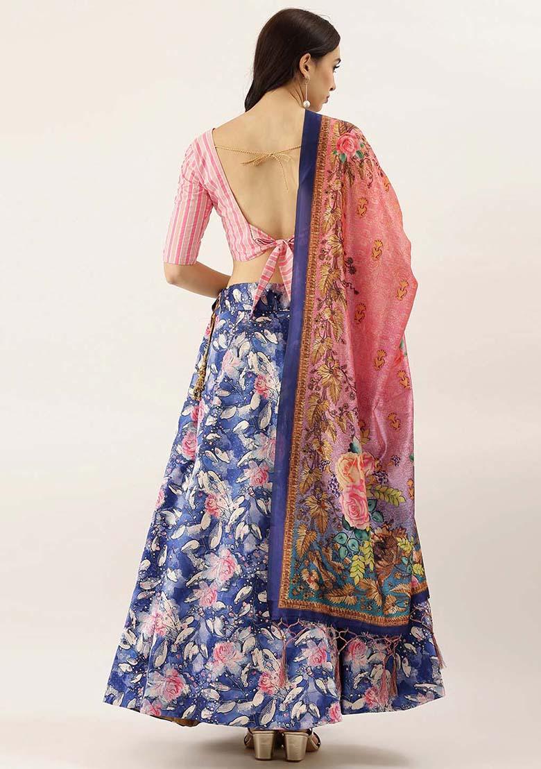 Dark Blue Printed Silk Lehenga Set
