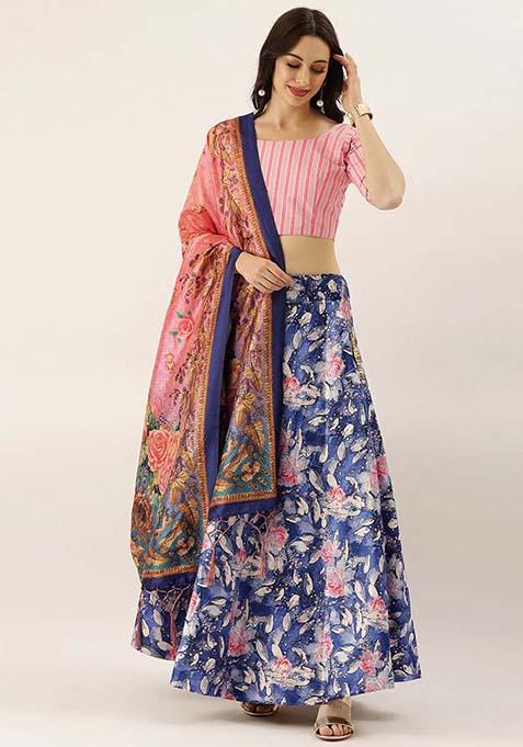 Dark Blue Printed Silk Lehenga Set