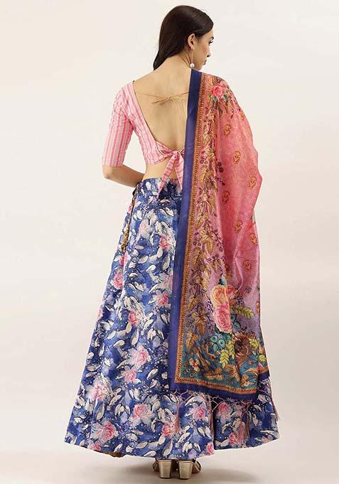 Dark Blue Printed Silk Lehenga Set