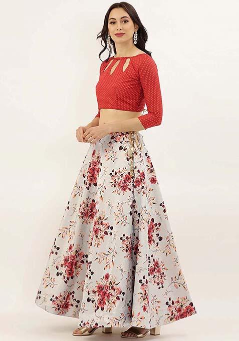 Beige Printed Silk Lehenga Set