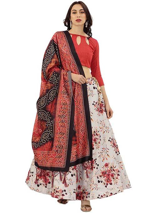 Beige Printed Silk Lehenga Seta