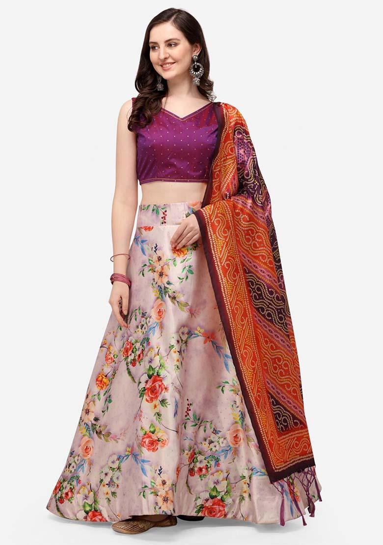 Multicolor Printed Silk Lehenga Set