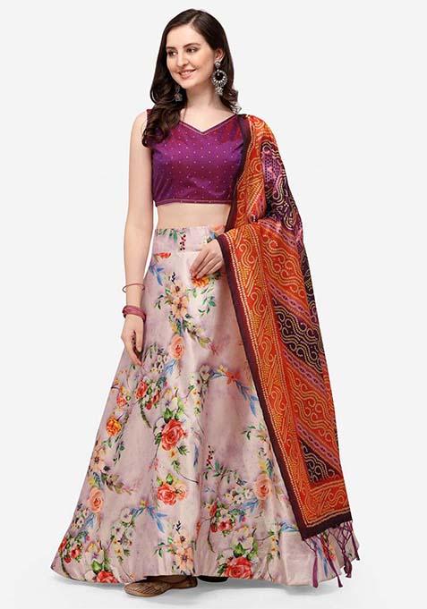 Multicolor Printed Silk Lehenga Set