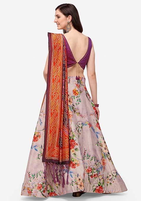 Multicolor Printed Silk Lehenga Set