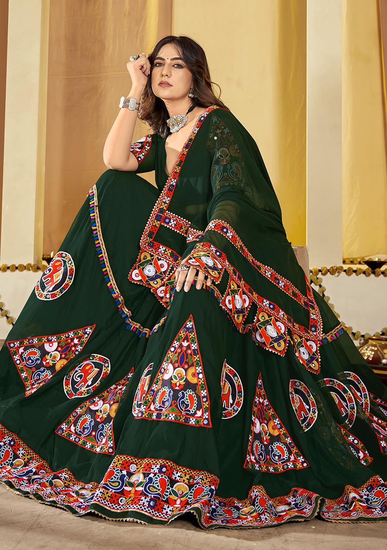 Green Embroidered Georgette Lehenga Set