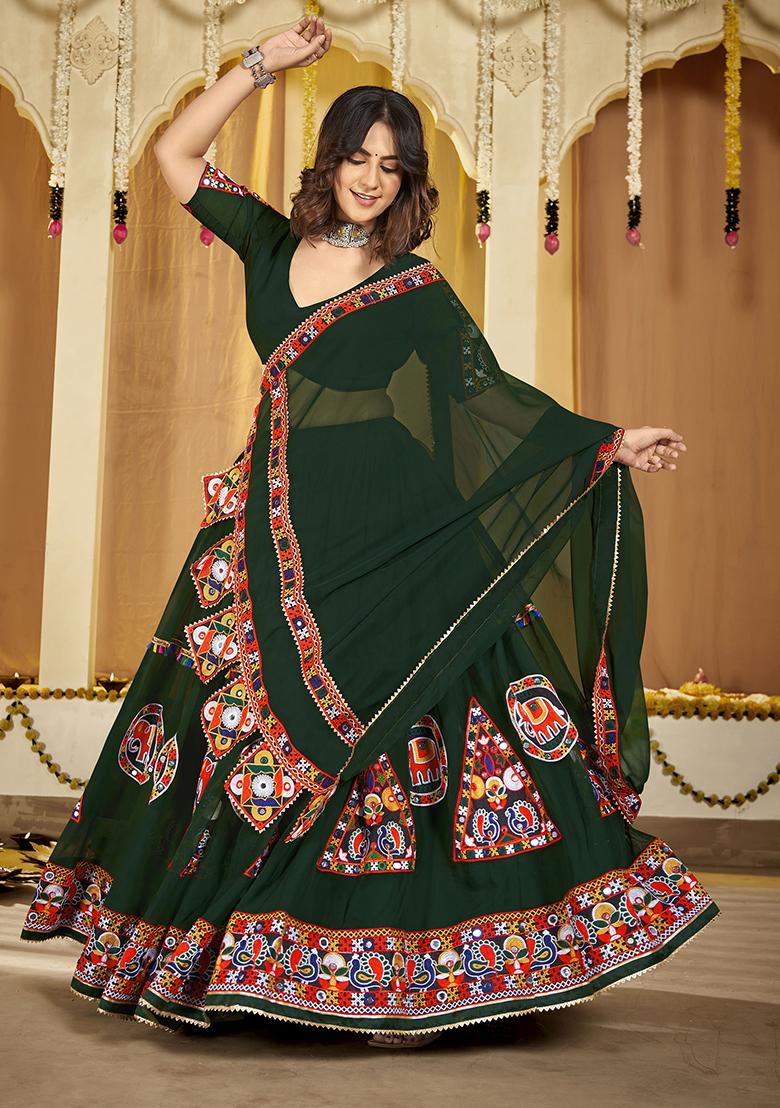 Green Embroidered Georgette Lehenga Set