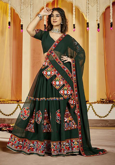 Green Embroidered Georgette Lehenga Set