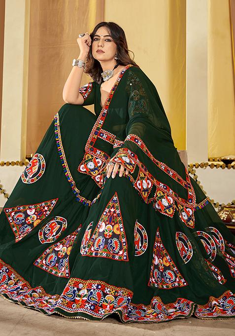 Green Embroidered Georgette Lehenga Set