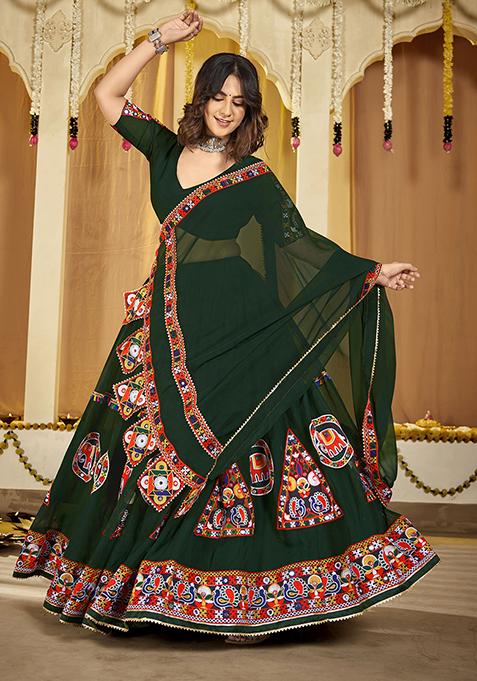 Green Embroidered Georgette Lehenga Set