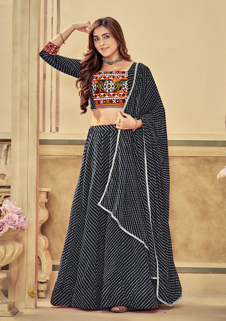 Black Embroidered Georgette Lehenga Set - Indya