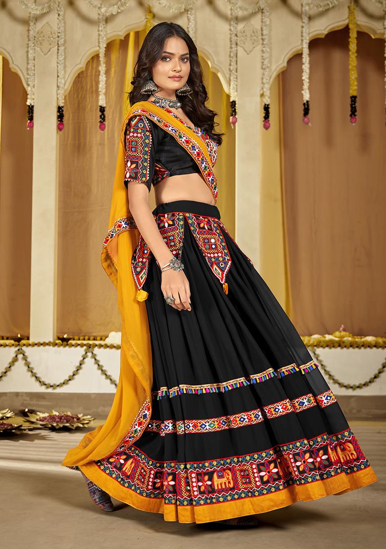 Black Embroidered Georgette Lehenga Set - Indya