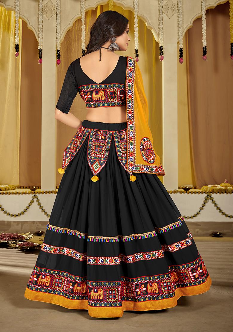 Black Embroidered Georgette Lehenga Set - Indya