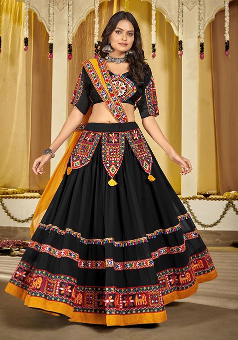 Black Embroidered Georgette Lehenga Set