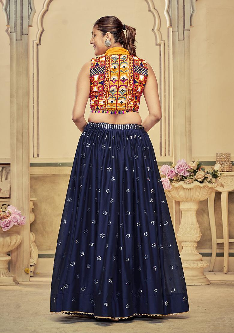 Blue Embroidered Art Silk Lehenga Set - Indya