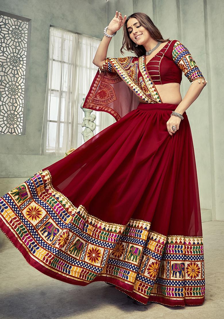 Maroon Embroidered Georgette Lehenga Set - Indya