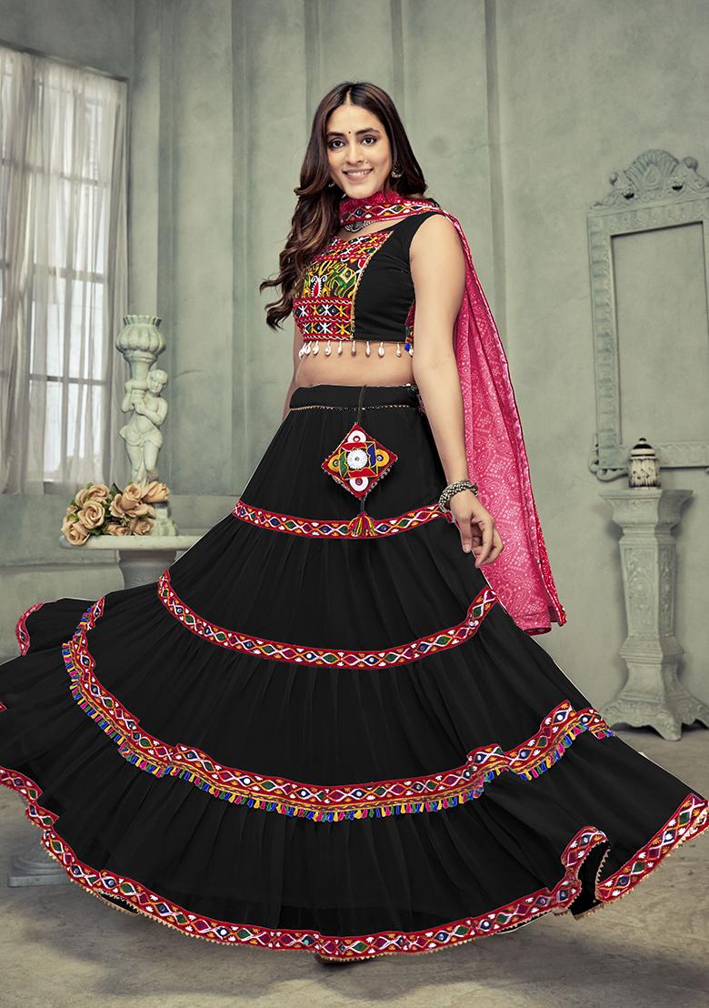 Black Embroidered Georgette Lehenga Set - Indya