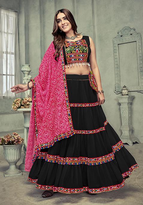 Black Embroidered Georgette Lehenga Set