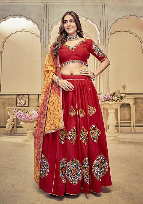 Maroon Embroidered Cotton Silk Lehenga Set