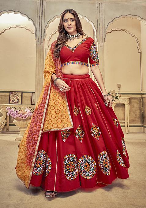 Maroon Embroidered Cotton Silk Lehenga Set