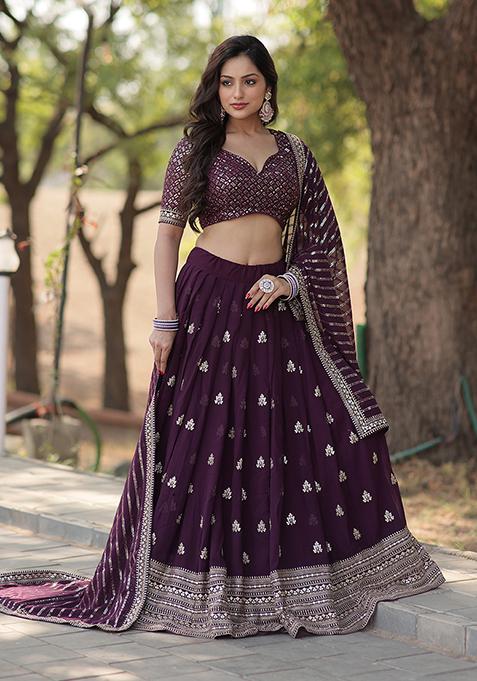 Purple Embroidered Georgette Lehenga Set