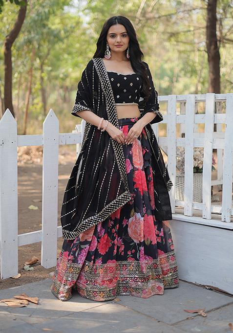 Black Printed Georgette Lehenga Set