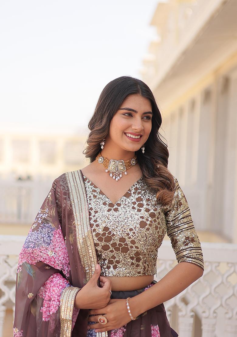 Coffee Brown Embroidered Art Silk Lehenga Set