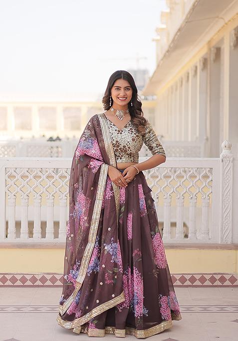 Coffee Brown Embroidered Art Silk Lehenga Set