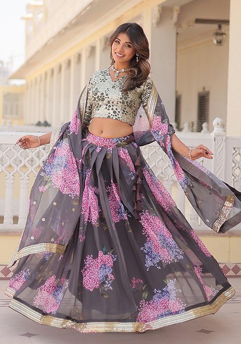 Grey Embroidered Art Silk Lehenga Set