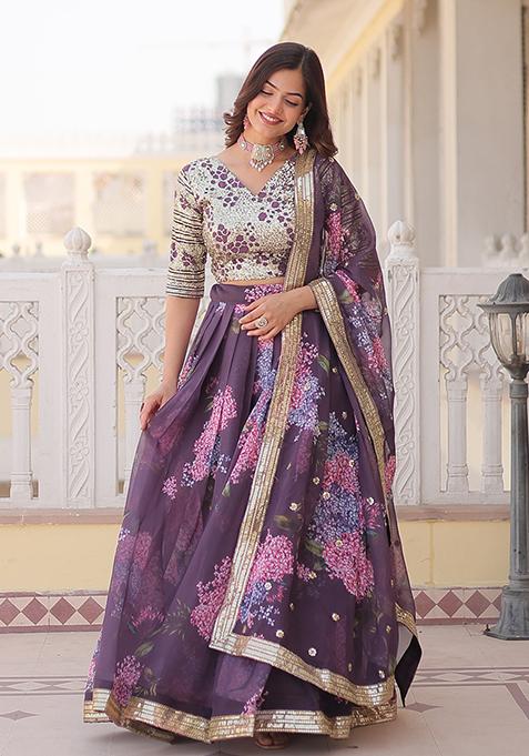 Mauve Embroidered Art Silk Lehenga Set