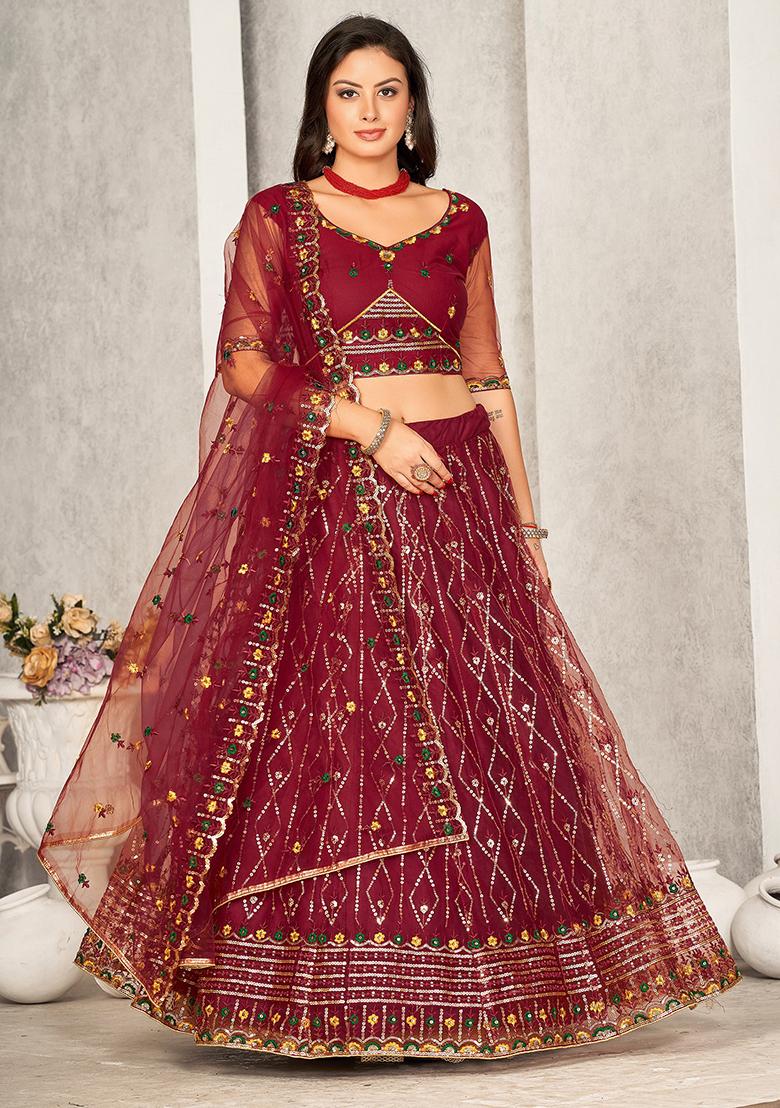 Maroon Embroidered Net Lehenga Set