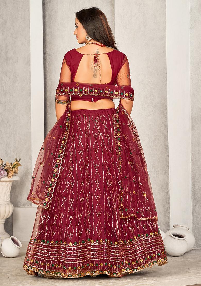 Maroon Embroidered Net Lehenga Set