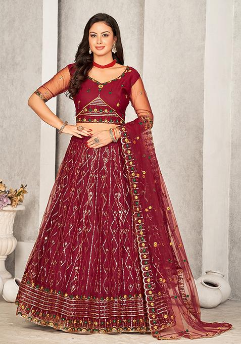 Maroon Embroidered Net Lehenga Set