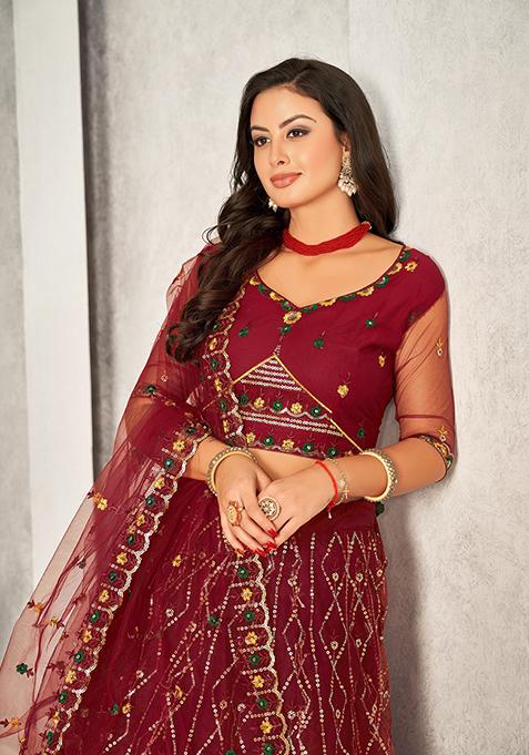 Maroon Embroidered Net Lehenga Set