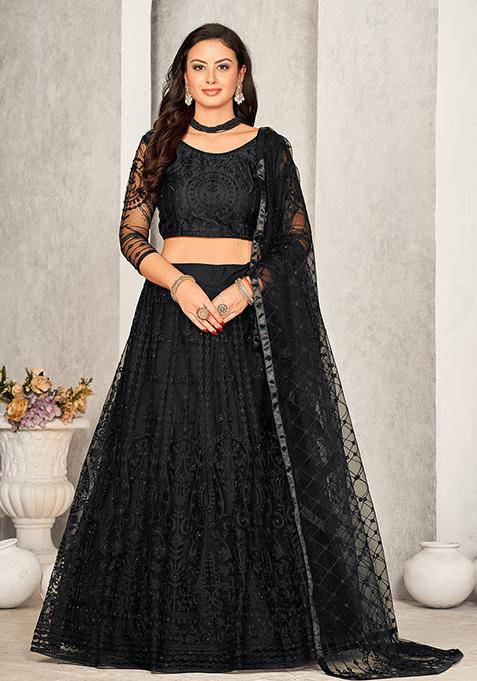 Black Embroidered Net Lehenga Set